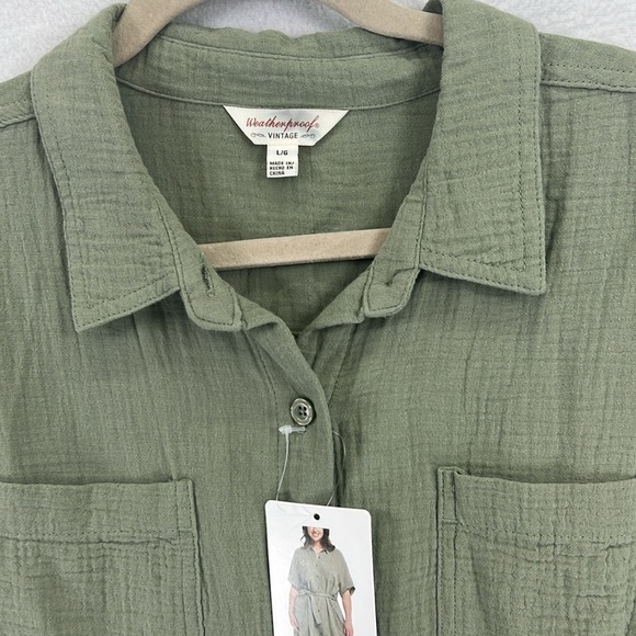 Weatherproof Vintage Gauze Dress Sz L Green Button Front Belted Short Sleeve NWT - Picture 3 of 12